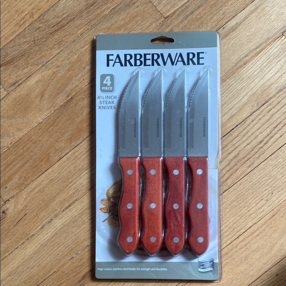 NEW! 🆕 Farberware 4-Piece Steak Knife Set with Wooden Handles 🥩 🔪